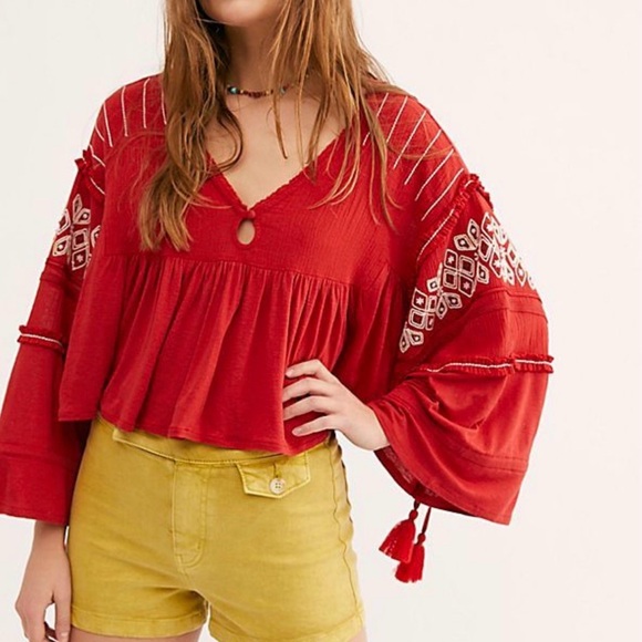 Free People Tops - Free People Embroidered Top Boho Peasant Blouse Womens M Balloon Sleeve